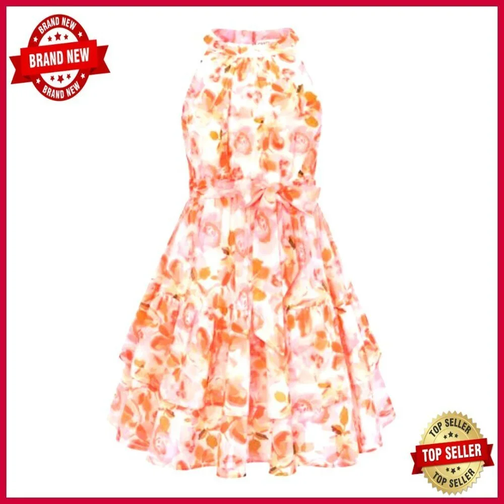 Floral Hawaiian Halter Sundress Chiffon Tiered Ruffle Party Beach Vacation